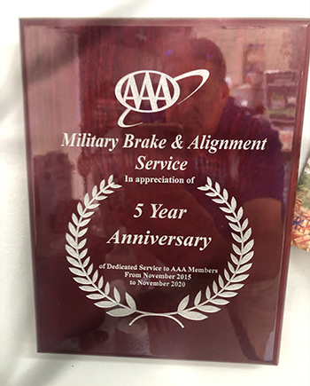 AAA 5 Year Anniversary Award | Military Brake & Alignment Services Inc.